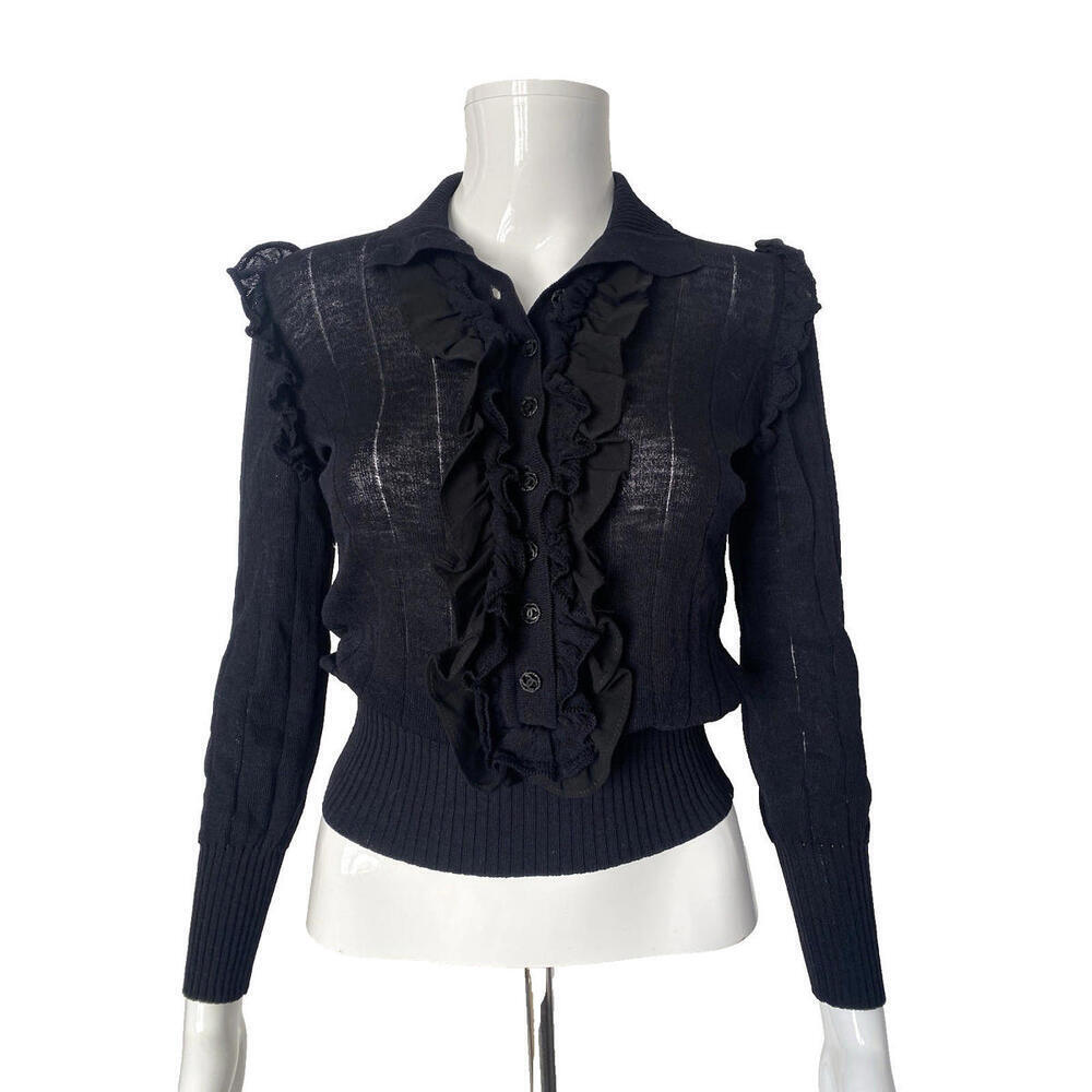 2003 CHANEL 03A Black Ruffle Long Sleeve Blouse Top FR-36 - Picture 1 of 7